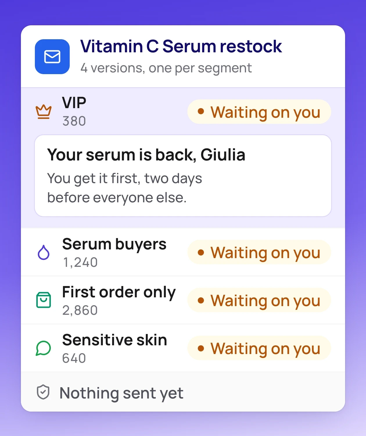 Vitamin C Serum restock: 4 versions, one per segment, waiting on you