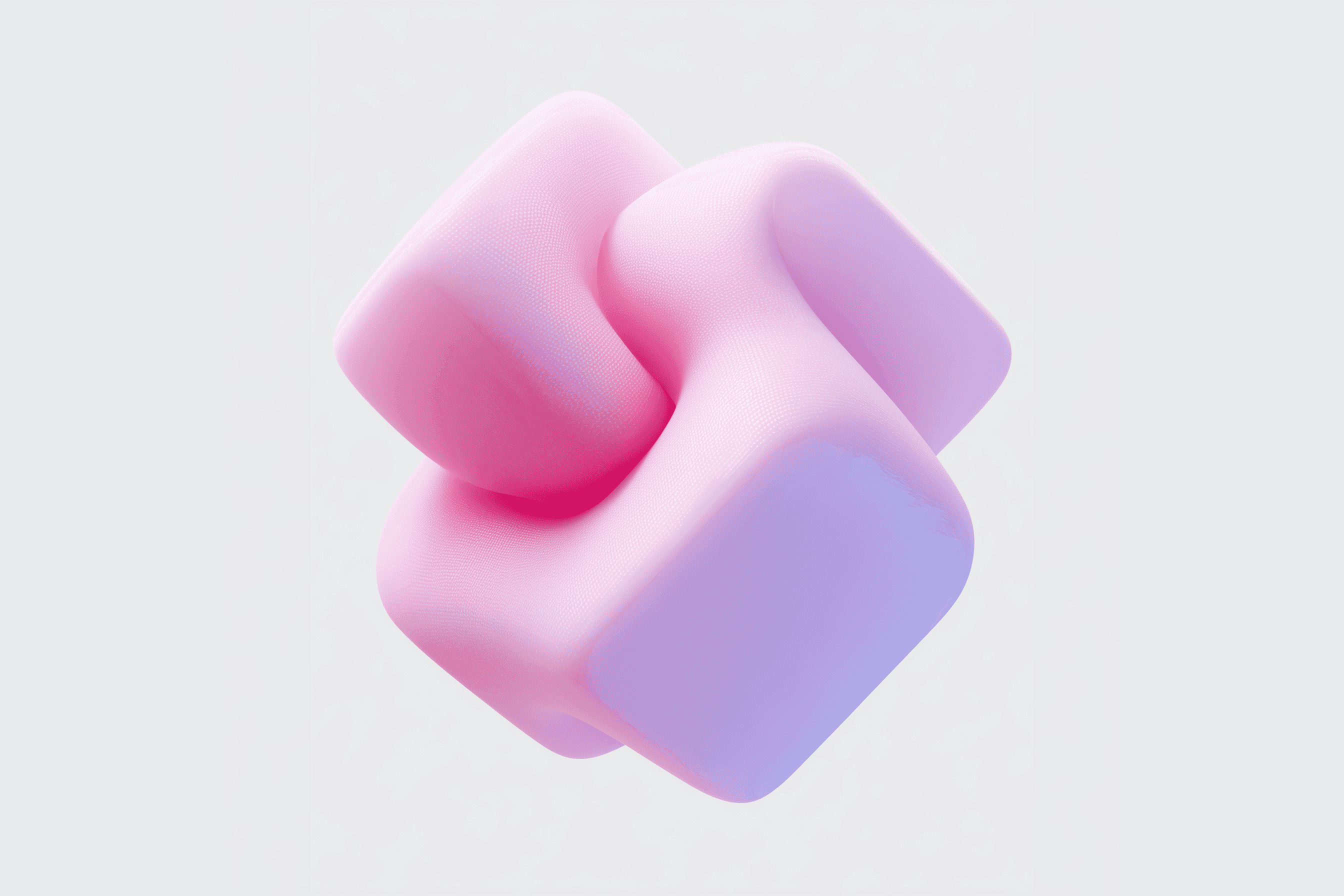 A 3D-rendered abstract shape made of soft, rounded pink and lavender blocks fused together, featuring smooth gradients and a glossy surface on a clean white background.