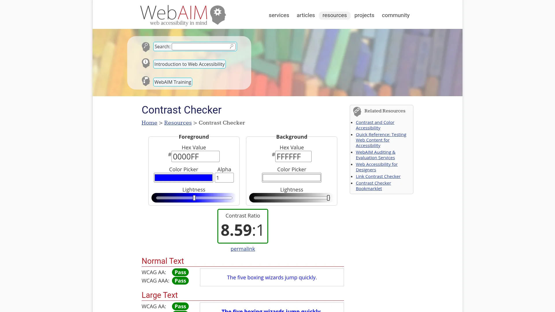 WebAIM contrast checker showing WCAG AA and AAA color contrast compliance testing for accessible app design