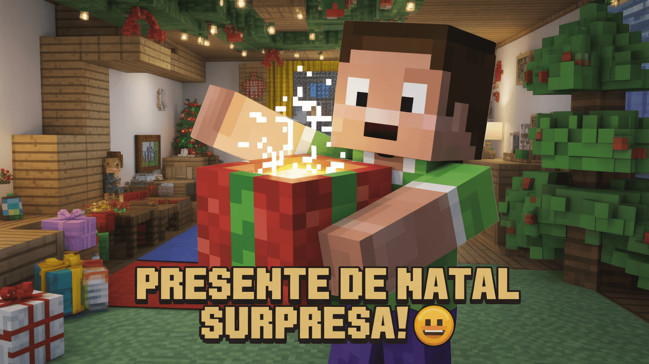 Minecraft boy opening red pixel gift box in cozy Christmas room with surprise text and tree