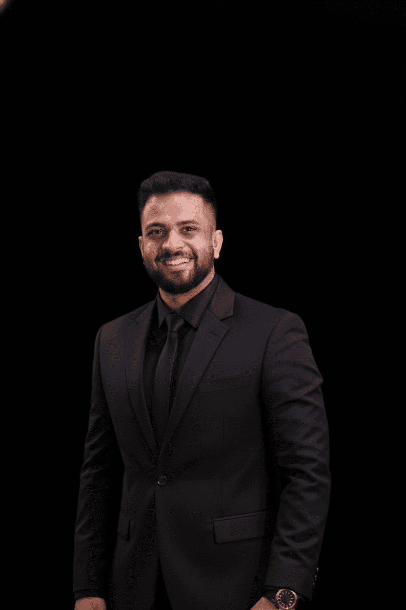 Woman with a short haircut smiling confidently, wearing a blazer and standing in warm natural light with modern architecture behind her.