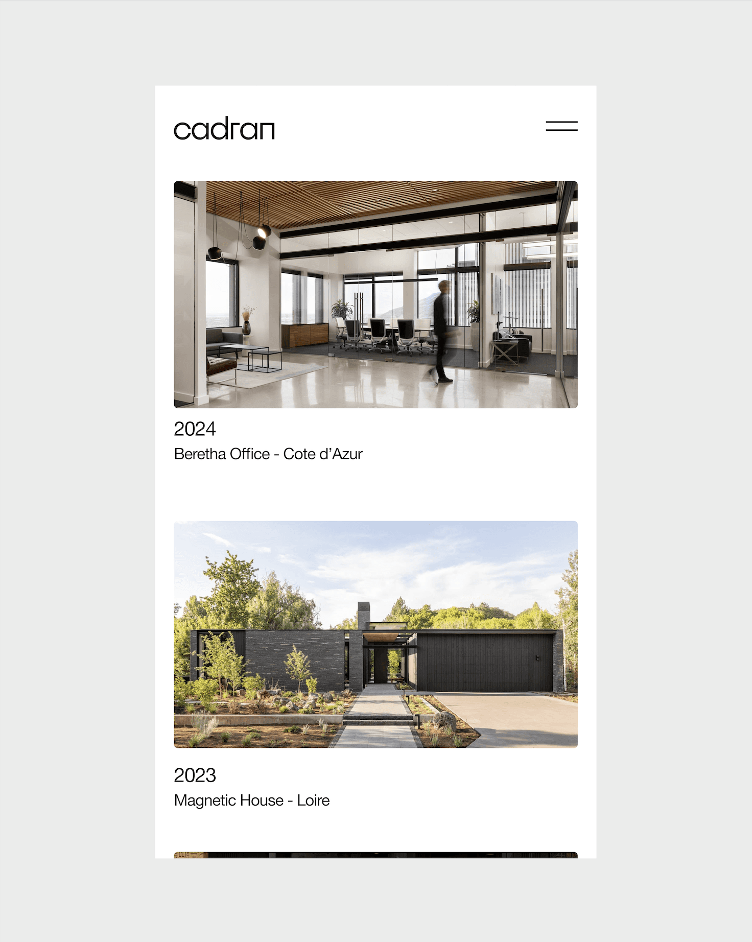 Présentation d'un projet d'architecture de Cadran, intitulé "Beretha Office - Côte d'Azur", avec une photo d'un bureau moderne et élégant.