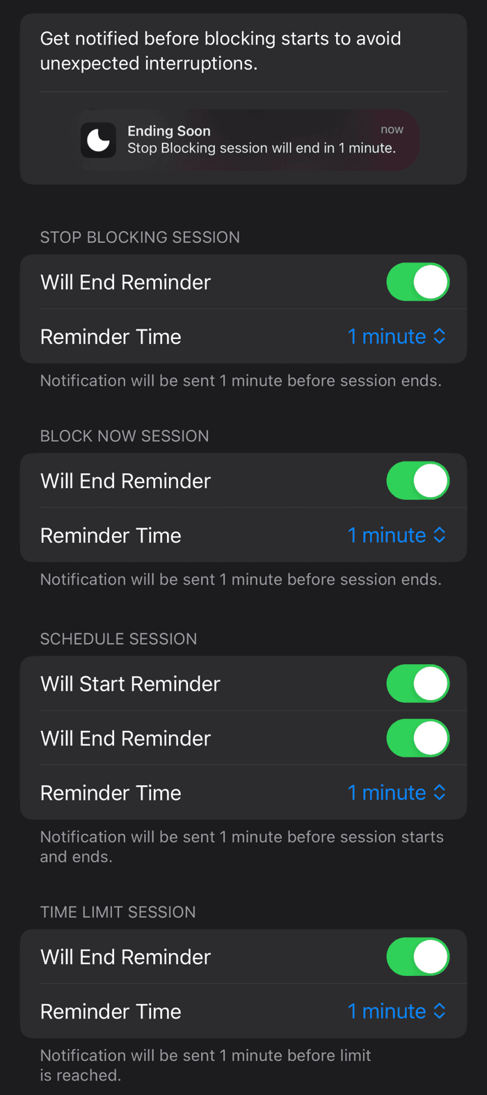 Notification shown when blocking starts