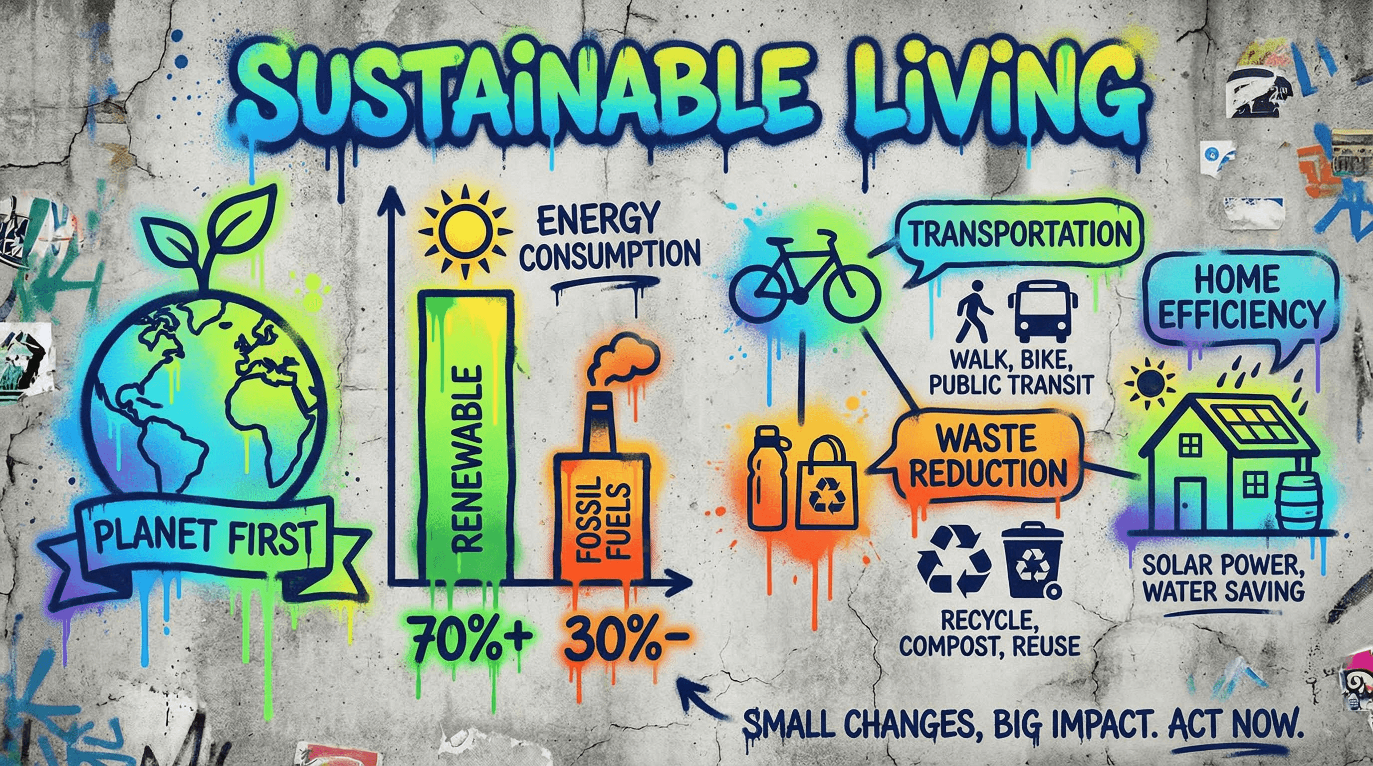 Urban street art infographic featuring spray-painted stencils, dripping paint bars, and bubble letters on a concrete wall.