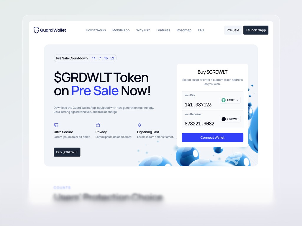 Guard Wallet pre-sale landing page promoting $GRDWLT token sale with integrated payment options and wallet connection