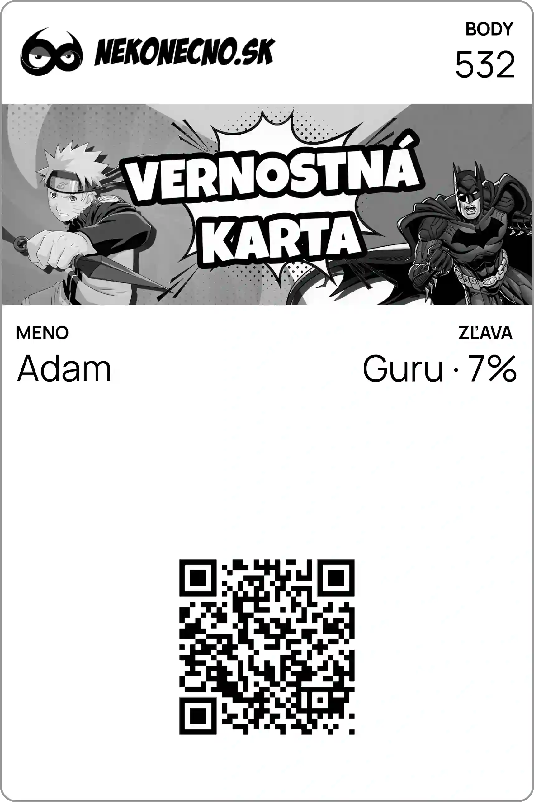 Vernostná karta e-shopu Nekonecno.sk s anime a komiksovou témou. Čiernobiely dizajn s postavami v štýle manga. Meno Adam, 532 bodov, VIP úroveň Guru so 7% zľavou, QR kód.