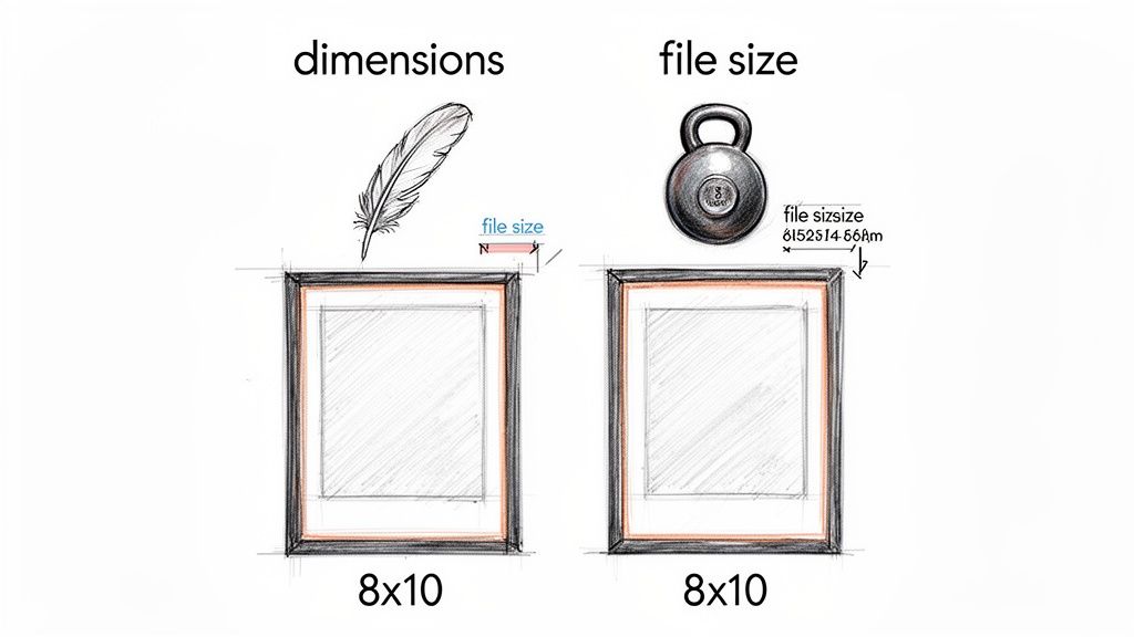 Illustration comparing physical dimensions (represented by a feather) and digital file size (represented by a kettlebell) for an 8x10 print.