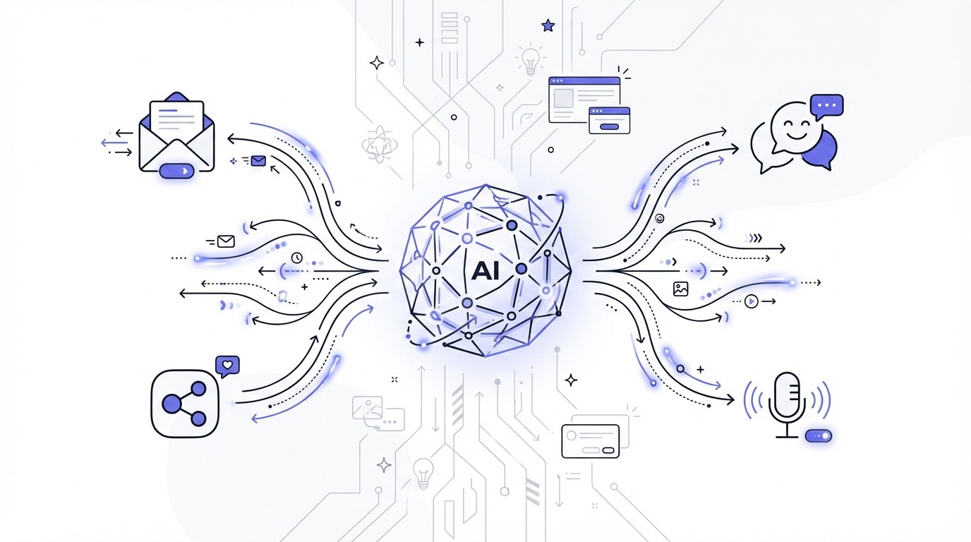 An abstract, modern illustration showing a glowing central AI core radiating personalized communication streams to various digital channel icons like email, chat, social media, and voice, set against a dark, tech-patterned background.