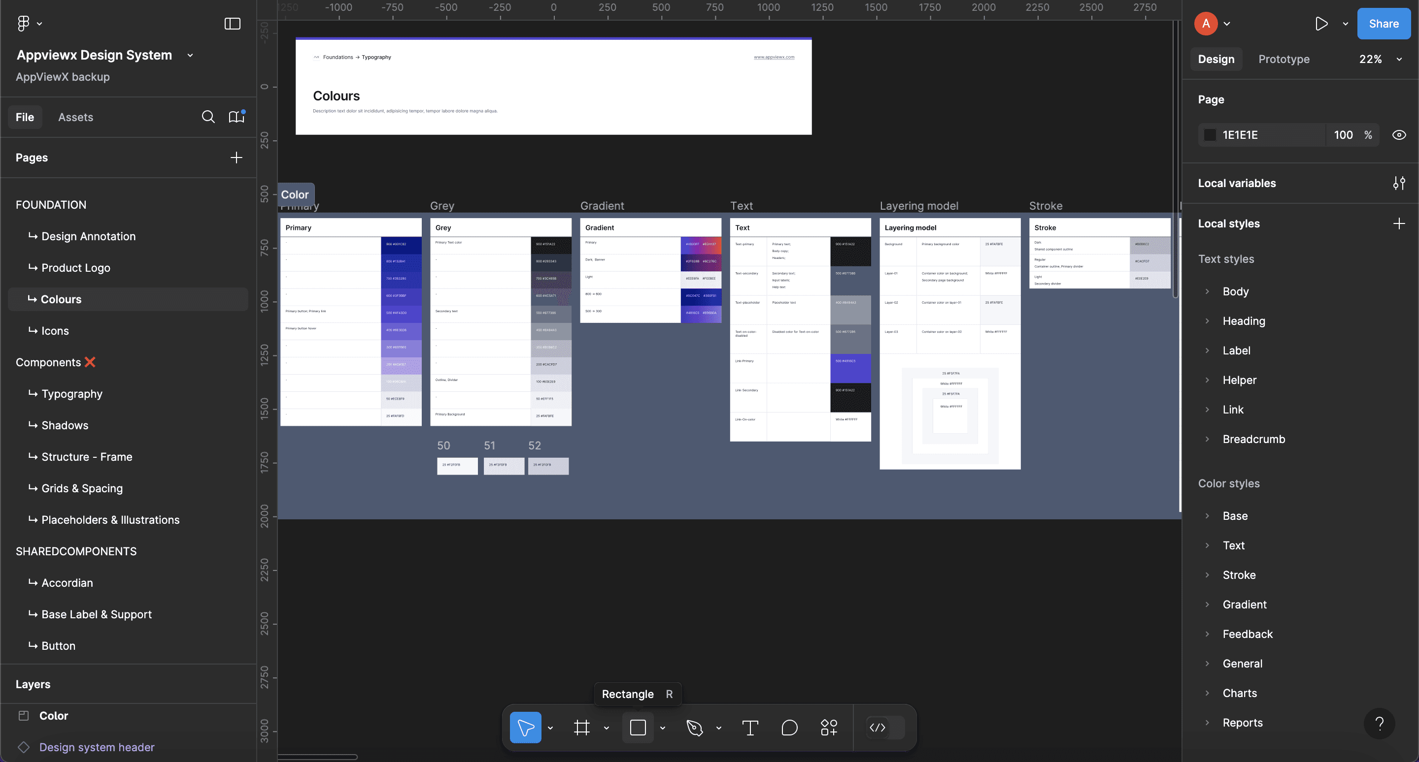Figma screen showing colours tab in the design system designed by Ashfaaq