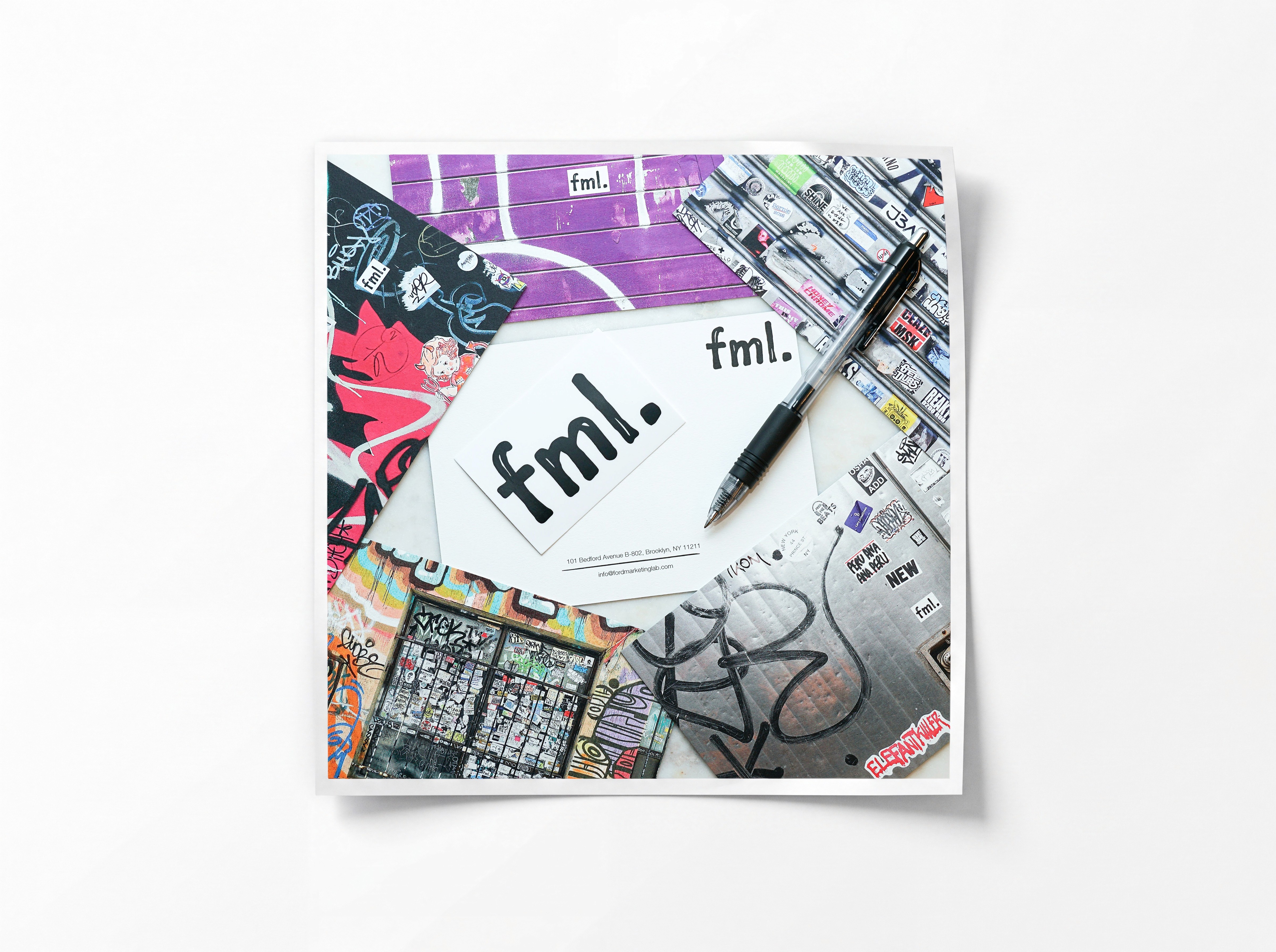 Ford Media Lab's first logo as stickers and postcards, 2016: the hand-styled fml. mark on a business card and postcards of the stickers photographed around New York.
