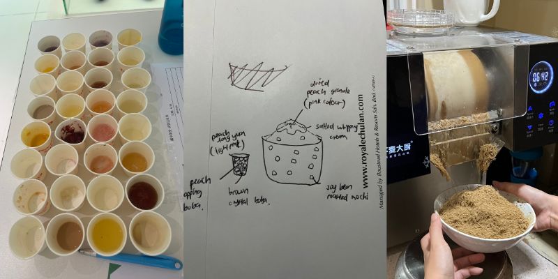 From left to right: early experimentations done by Lovy using a variety of fruit and flavours, a sketch of their initial ideas for Binq Dessert, and Lovy shaving ice for her bingsu
