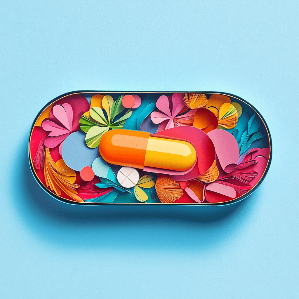 Paper art of a pill capsule filled with colorful flowers and abstract designs, symbolizing creativity and vitality, set against a light blue background.