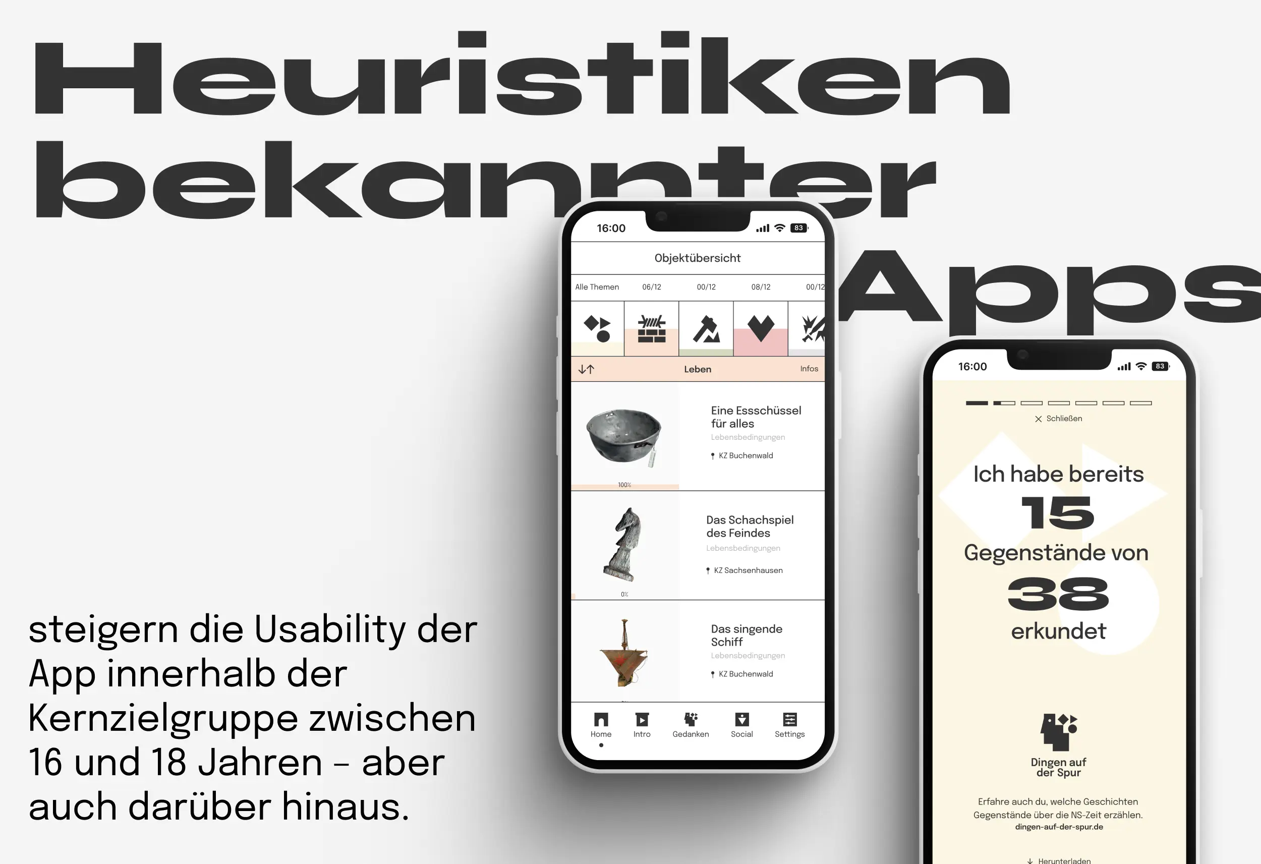 App-Mockup „Heuristiken bekannter Apps“ mit Objektliste und Fortschritt „15 von 38 Gegenständen erkundet“ für Zielgruppe 16–18 Jahre.