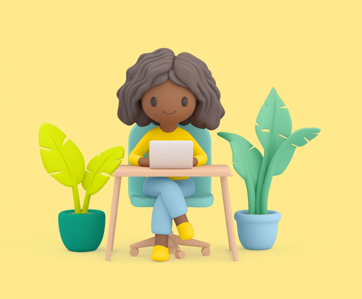Playful 3D illustration of a smiling woman at a desk with plants, working on a laptop—symbolizing personalized planning and support throughout therapy.