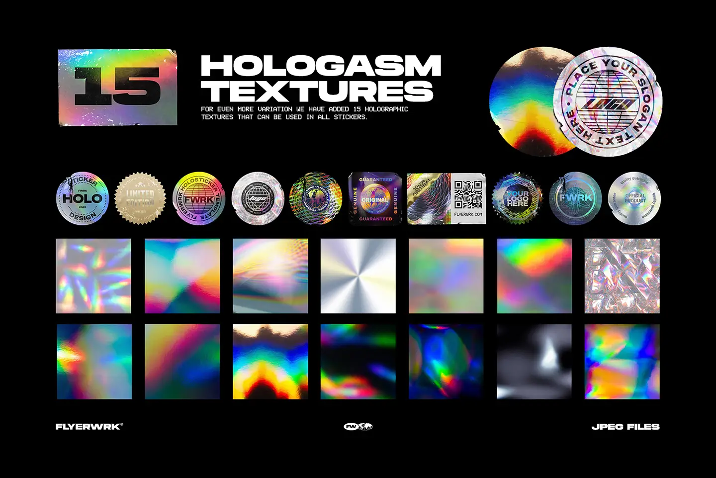 Collection of 15 high-resolution holographic textures and circular sticker designs with rainbow spectrum effects