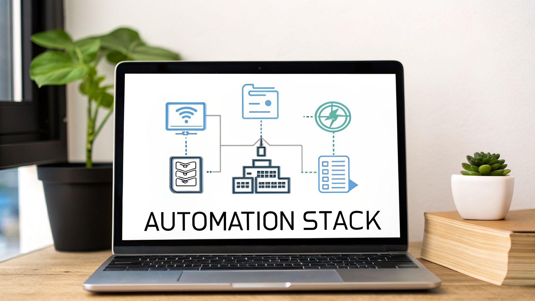 A laptop displays an 'AUTOMATION STACK' diagram with interconnected icons representing digital systems and processes.