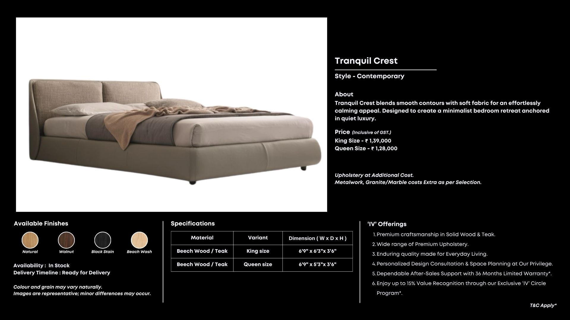 Taupe low-profile bed with seamless minimalist silhouette.
