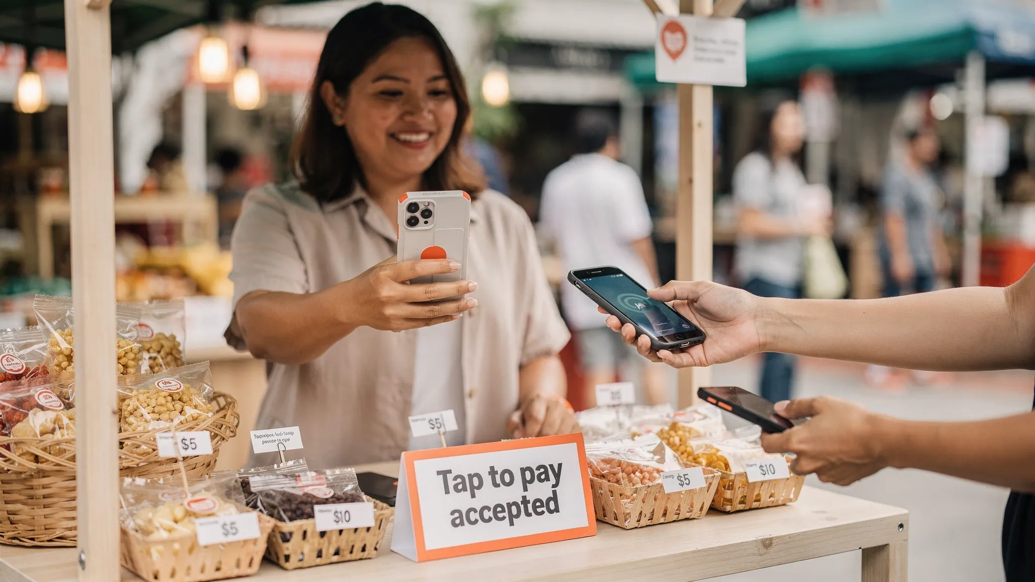 A Singapore small business owner at a market booth holding an Android phone, while a customer taps a contactless card and a mobile wallet near the back of the phone. The scene shows a simple checkout without any countertop terminal, with a small sign that says “Tap to pay accepted”.