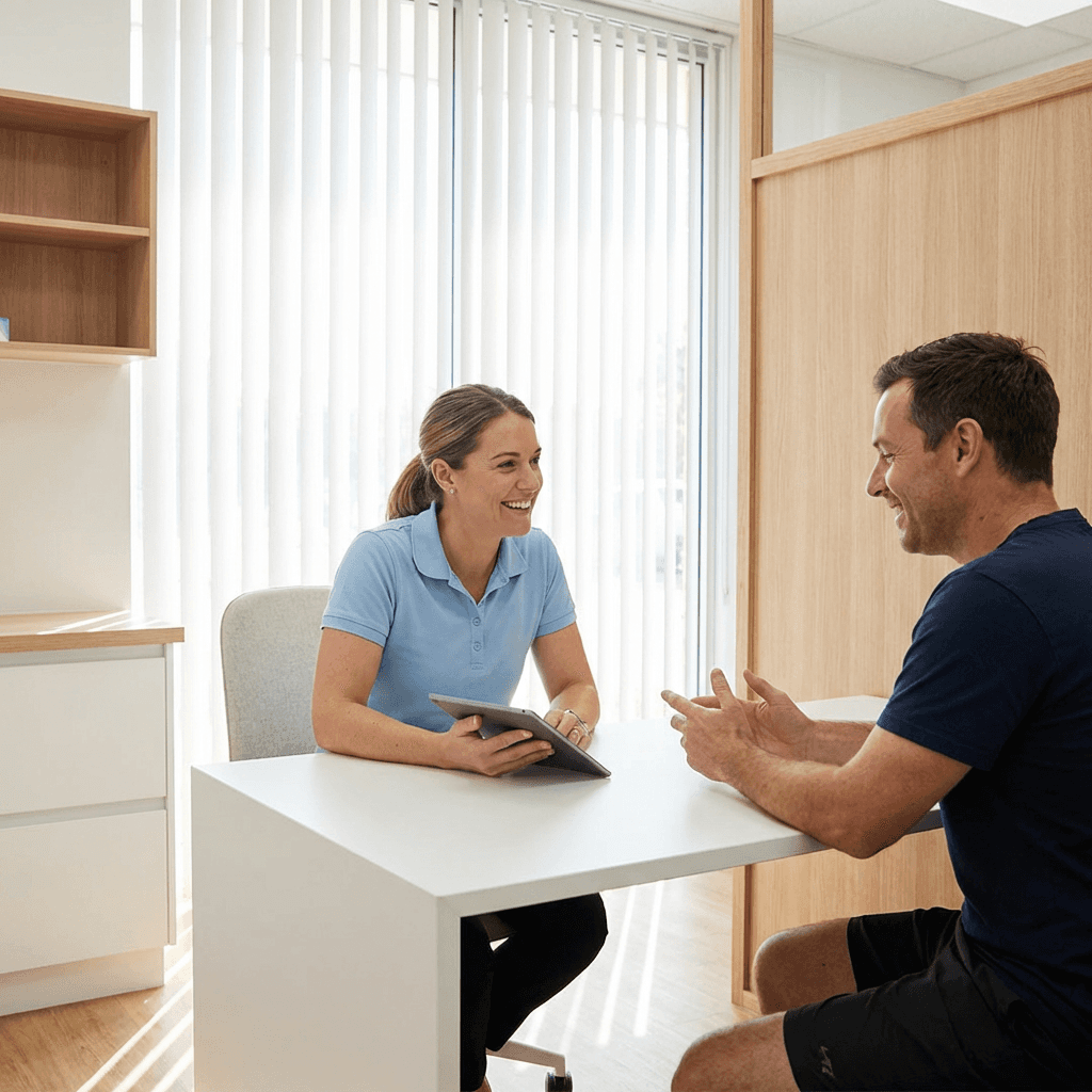 Persönliches Bewerbungsgespräch in heller Physiotherapiepraxis