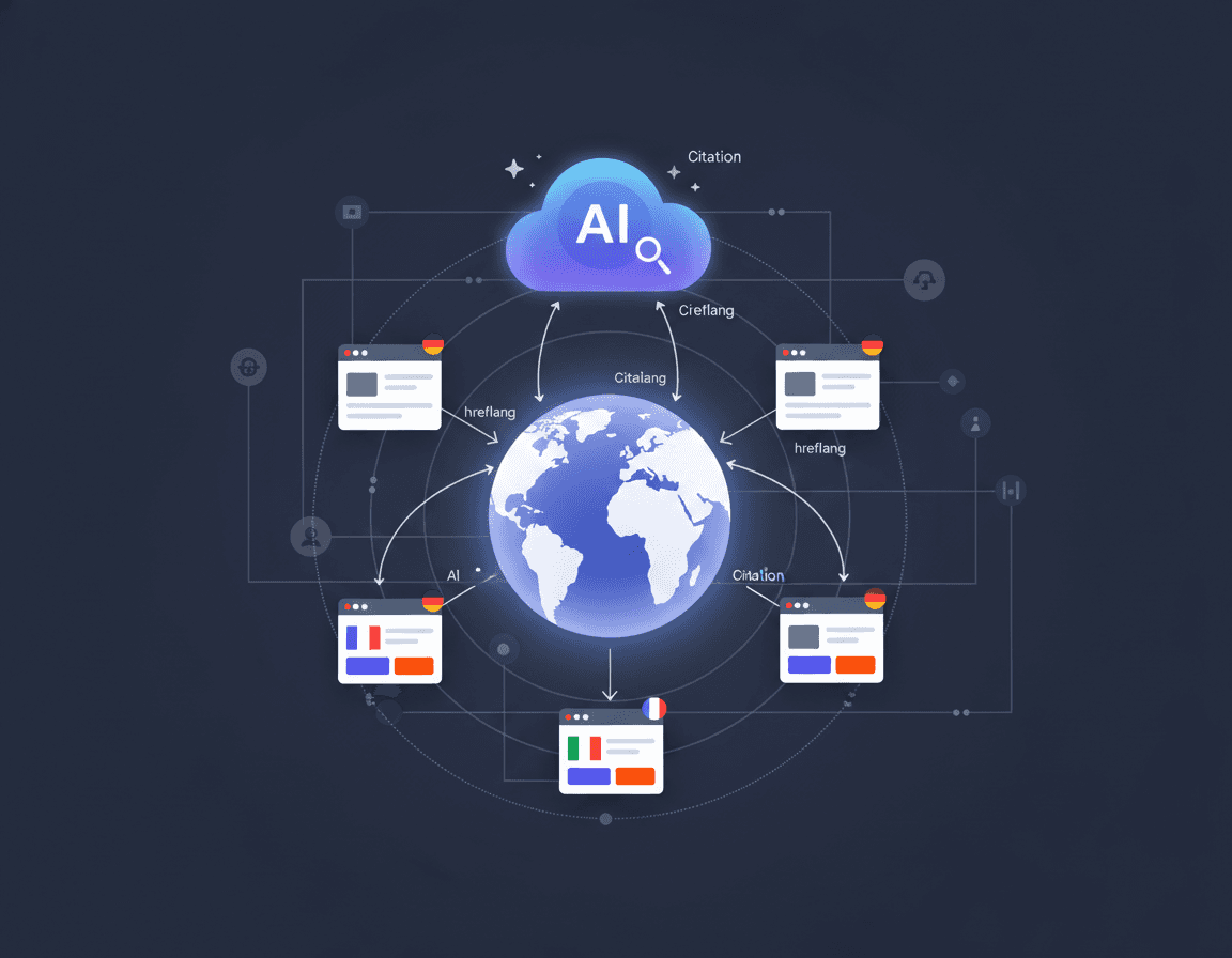Diagram of multilingual pages around a globe linking to AI search engine cloud via structured data connections