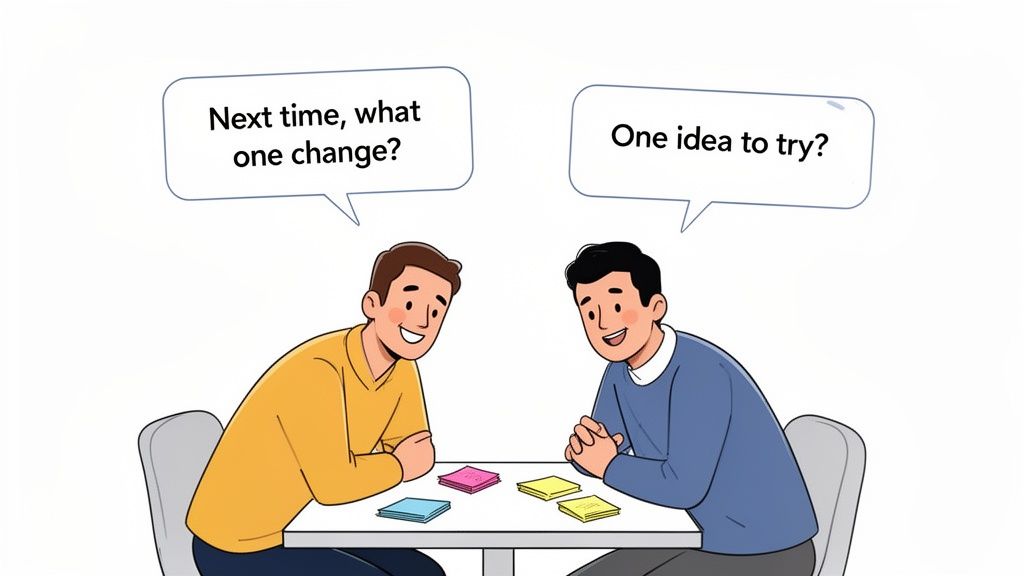 Two smiling men discuss 'Next time, what one change?' and 'One idea to try?' with sticky notes.