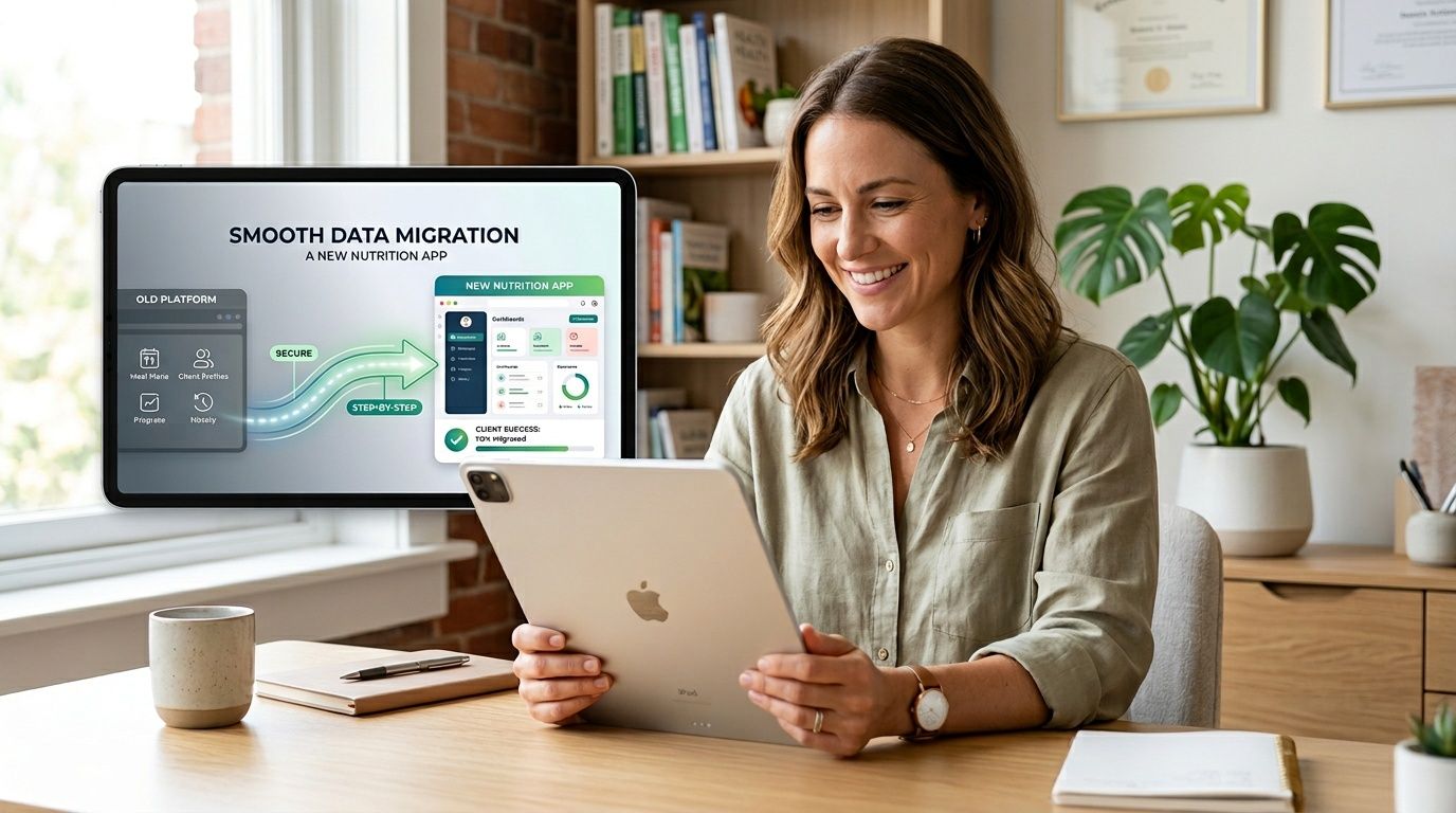 A smiling woman holding a tablet while reviewing a nutrition coach app data migration dashboard.