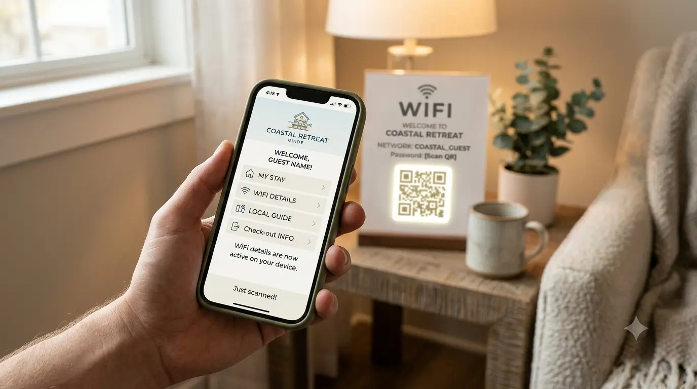 Guest viewing a digital guidebook on a phone after scanning the WiFi sign's QR code.