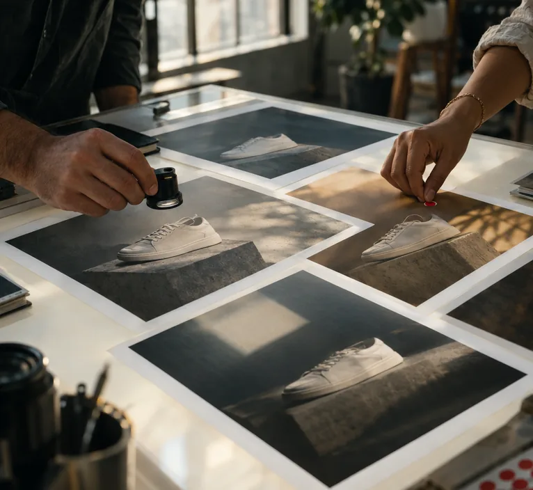Hands checking printed images of a sneaker with a loupe and marking the chosen one on a light table