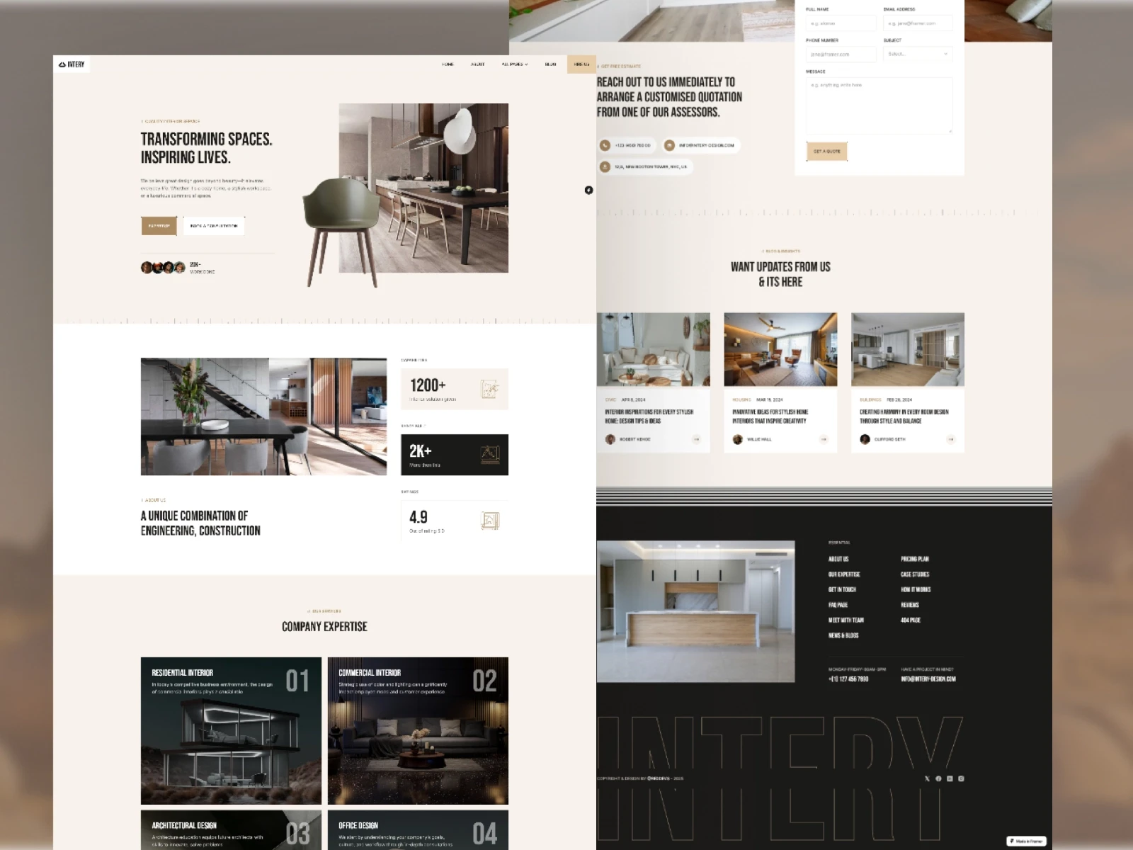 Intery interior design studio Framer template with elegant layout featuring hero section, expertise grid, contact form, and footer