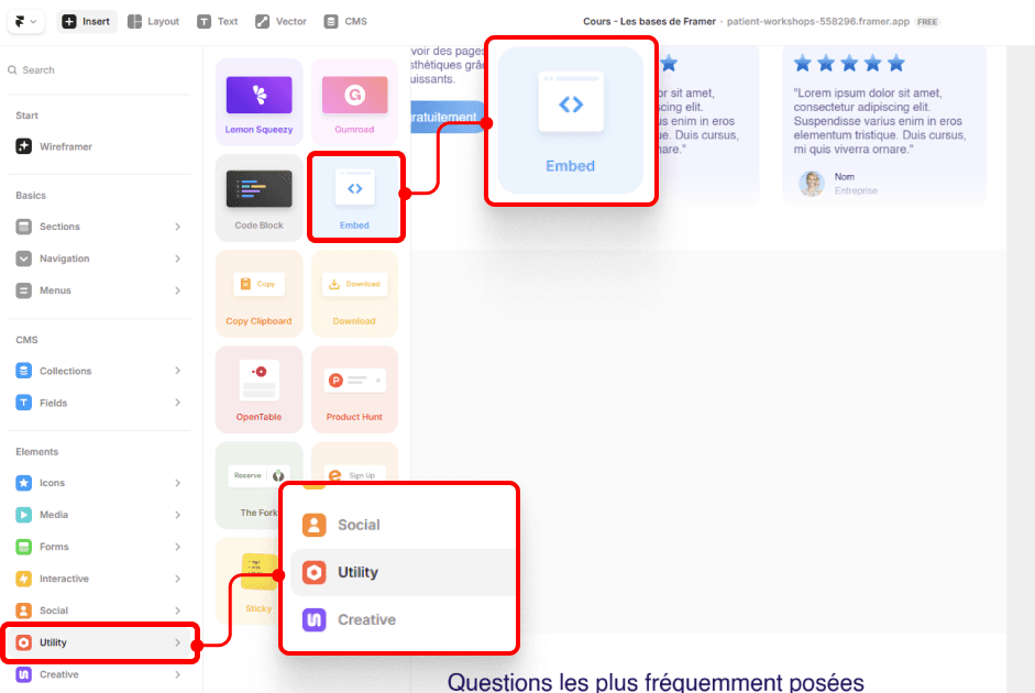 Interface Framer montrant l’ajout d’un composant Embed pour intégrer du code HTML