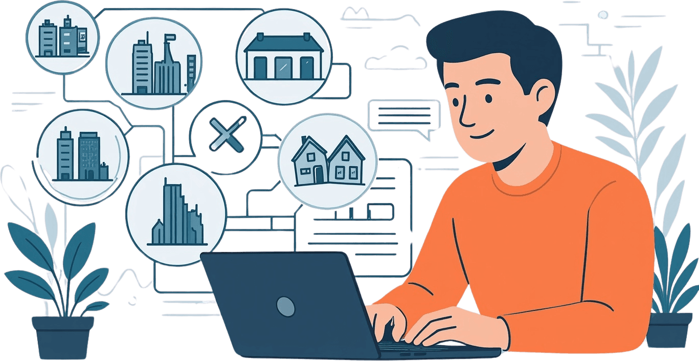 Remote Facility Management Dashboard Illustration – Manager Overseeing Real Estate Operations via Laptop – Minimalist Flat Vector Design