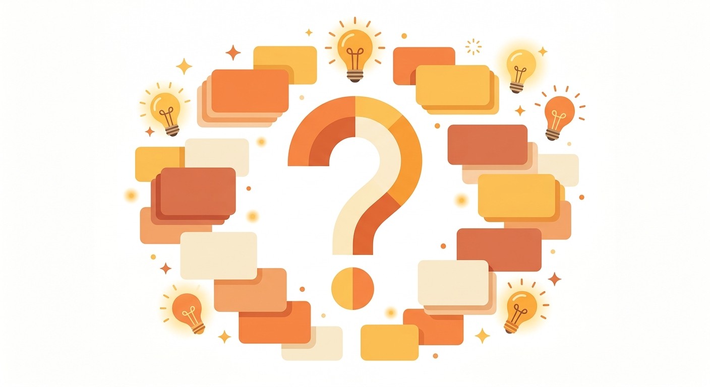 Illustration of a question mark surrounded by floating answer cards and lightbulbs, representing frequently asked questions about how to build an app without coding.