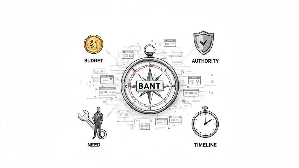 Illustration of the BANT sales framework, featuring a compass, budget coin, authority shield, need wrench, and timeline clock.
