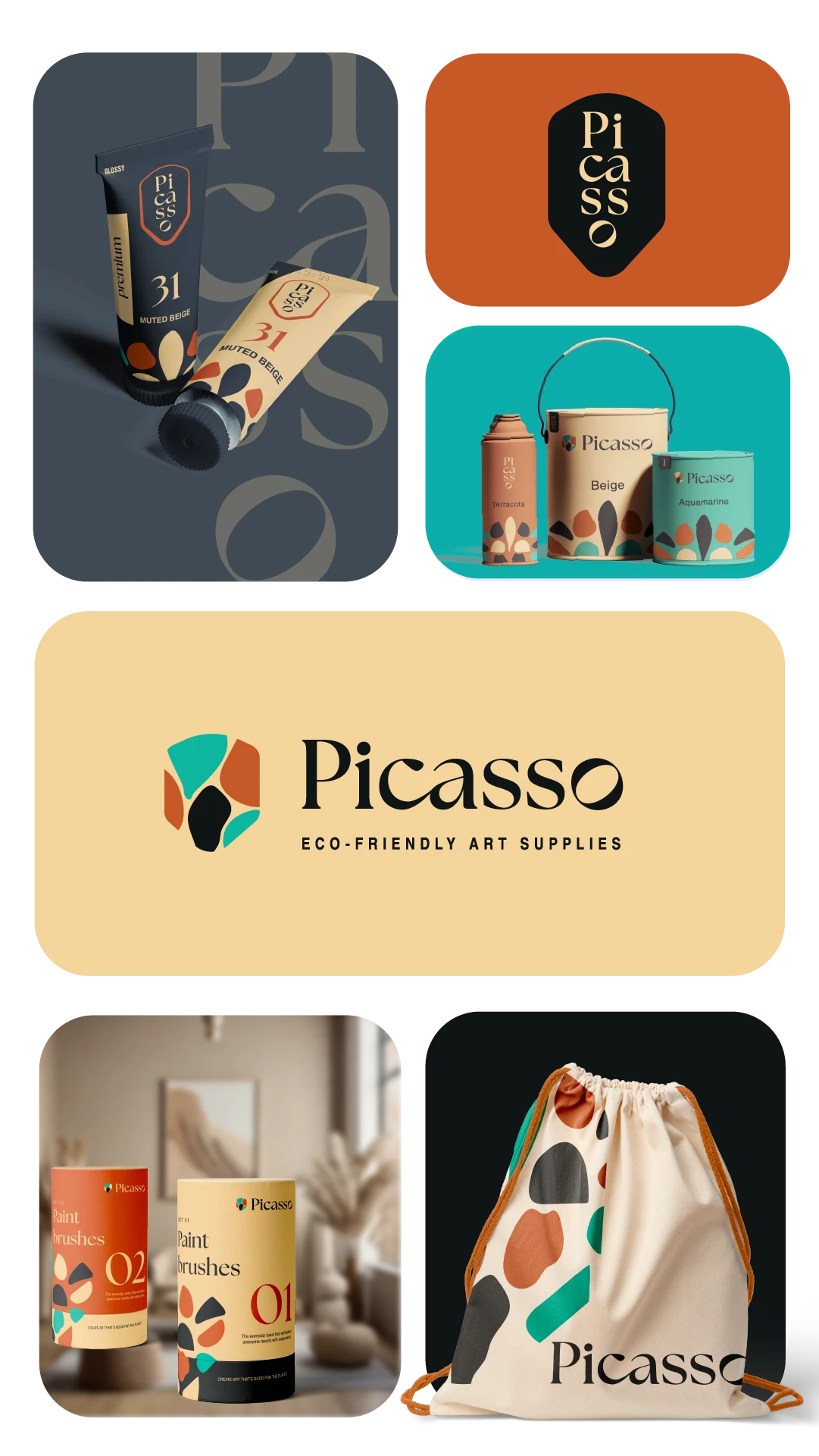 A presentation of physical brand touchpoints (a string bag and a paint container) for a sustainable arts and crafts store in funky orange, light yellow and dark tones