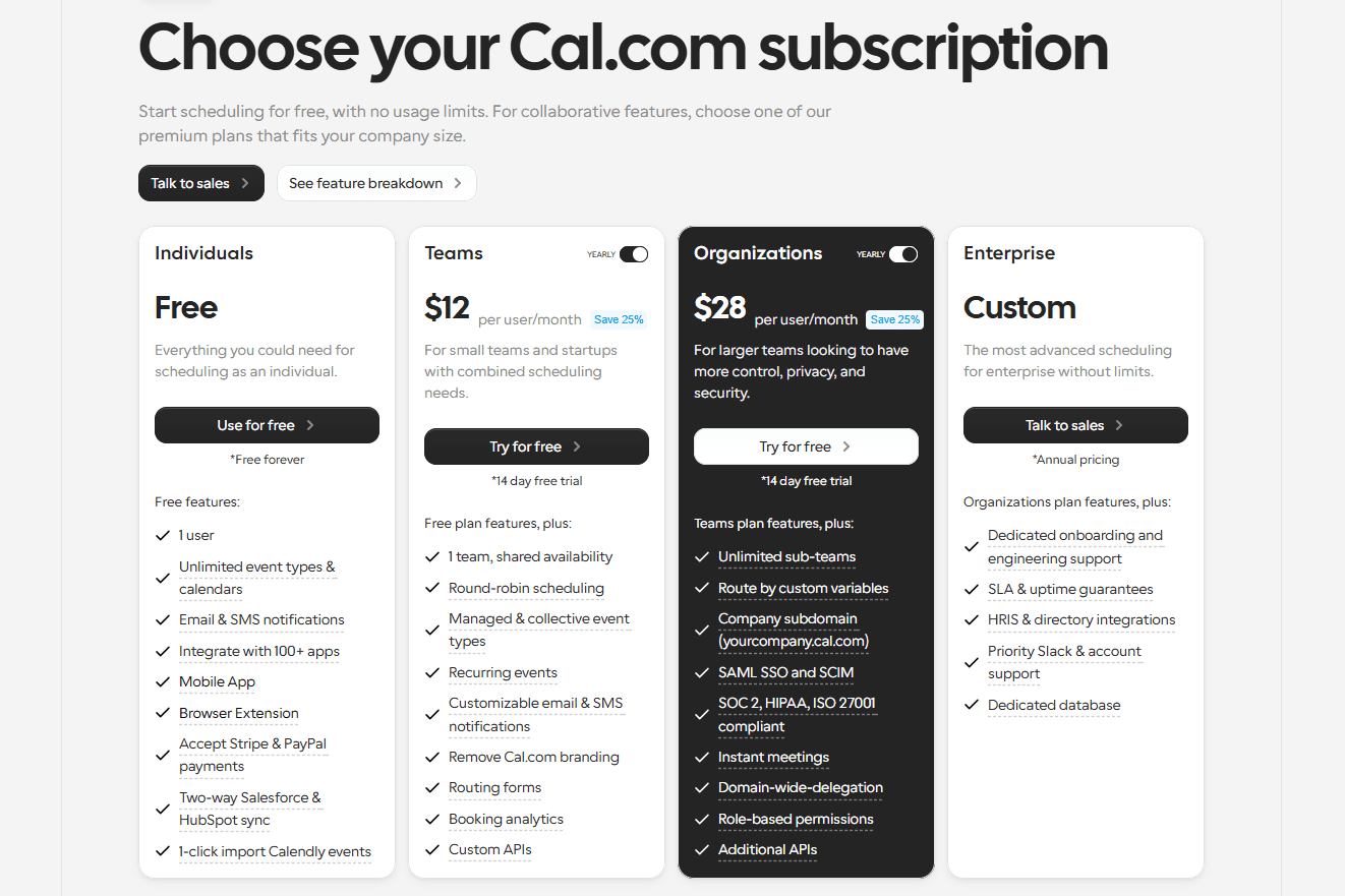 Cal.com subscription plans