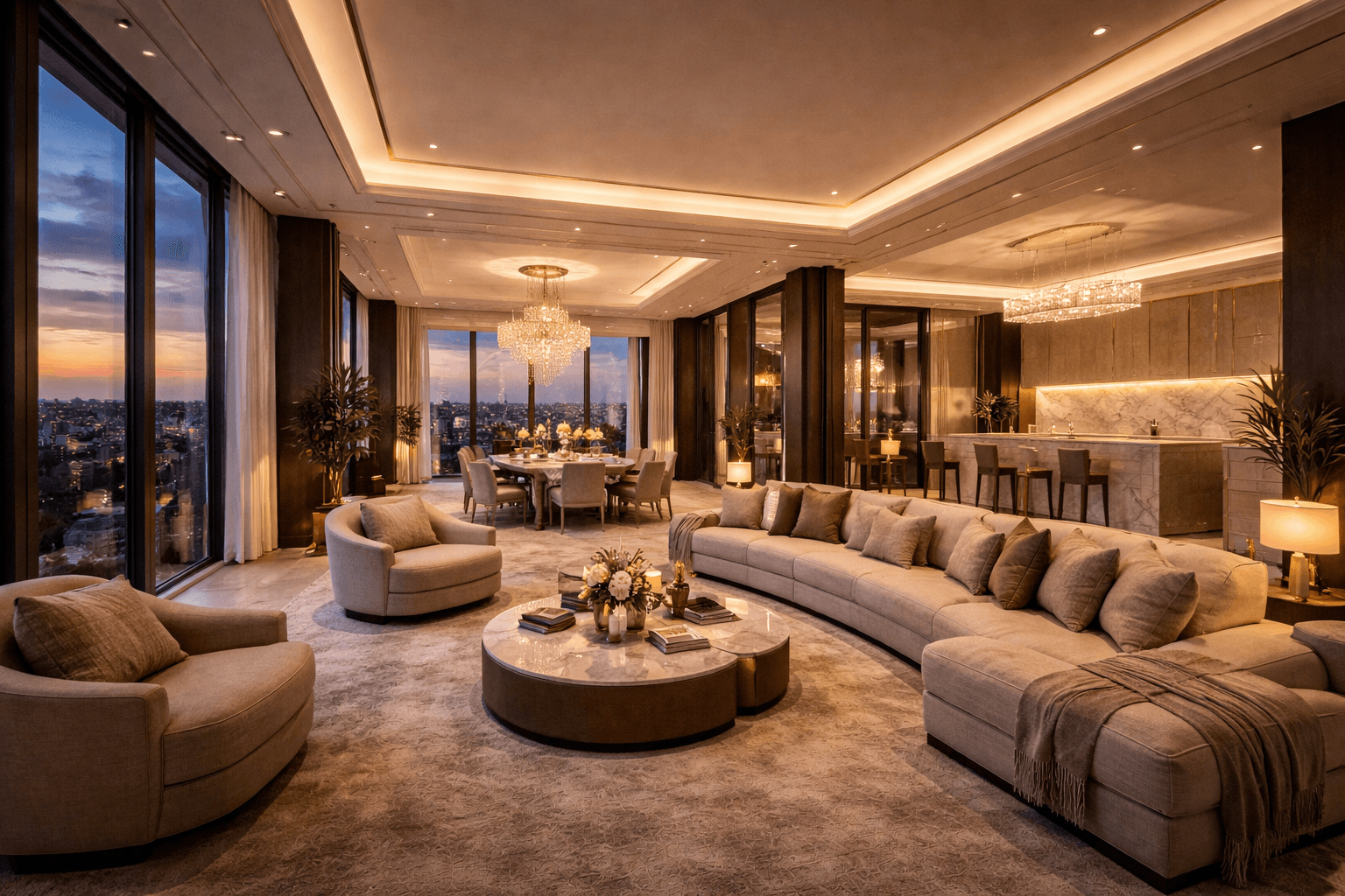 Expansive open-plan luxury apartment interiors with 12-foot ceilings and panoramic city views in Gurugram