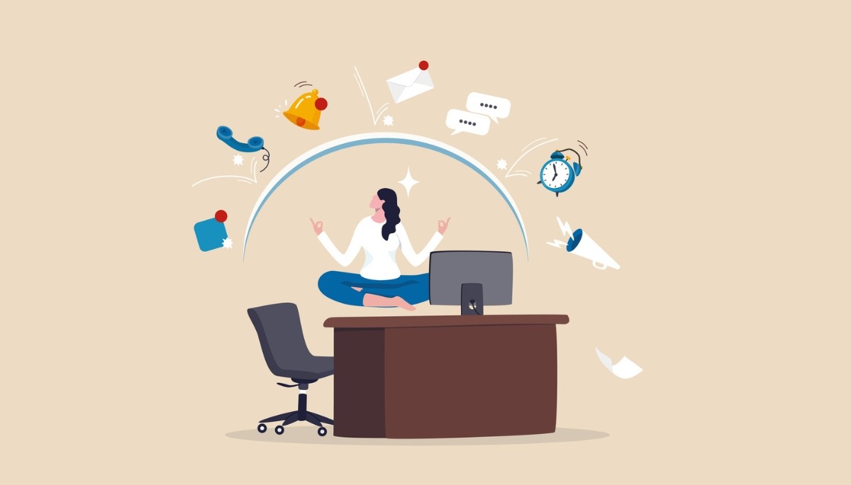 Illustration of a person sitting calmly in a meditative pose on a desk, surrounded by floating office icons like a computer, chat bubbles, clock, and megaphone—symbolizing focus and balance amid the fast-paced demands of tech recruiting.