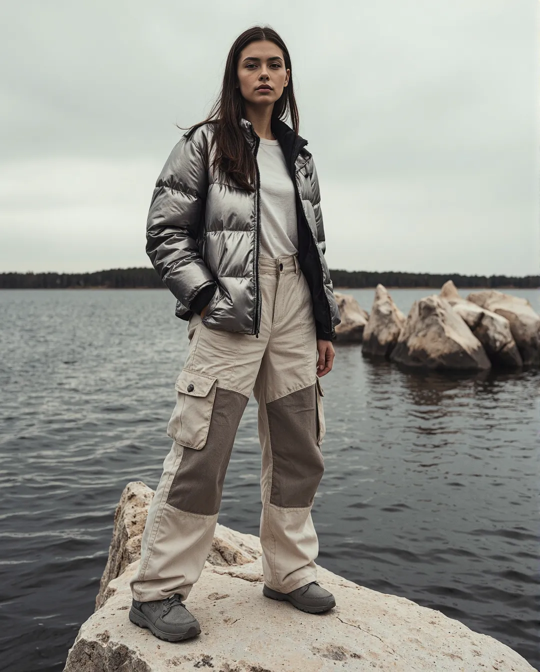 Person in silver puffer jacket and beige cargo pants standing on rock by lake, moody gray sky, minimalist winter fashion editorial look