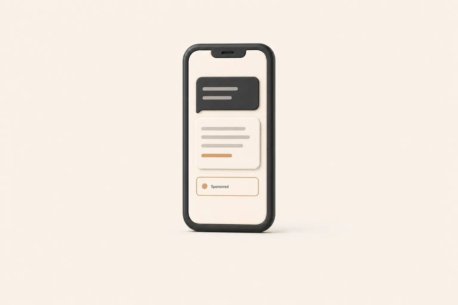 3D phone showing a ChatGPT answer with a sponsored ad card directly below it