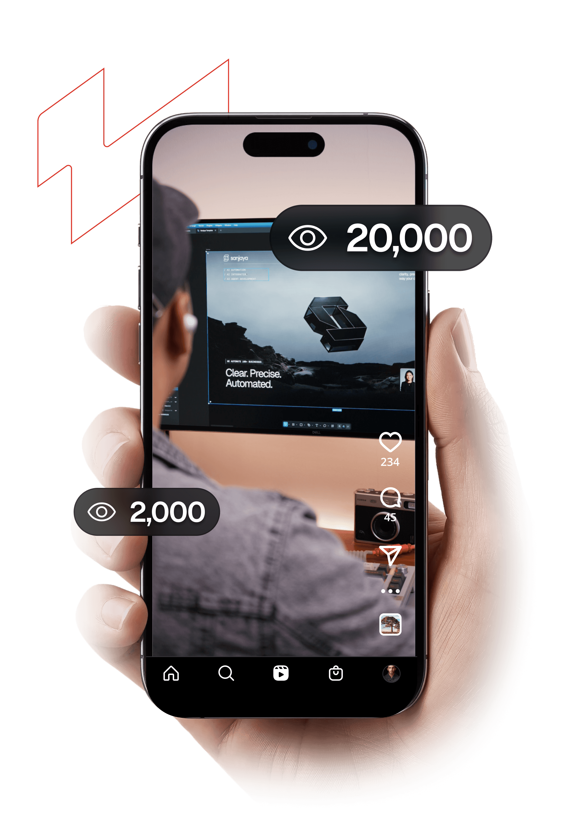 mobile phone with 2000 and 20,000 numbers visualising post reels get free templates campaign