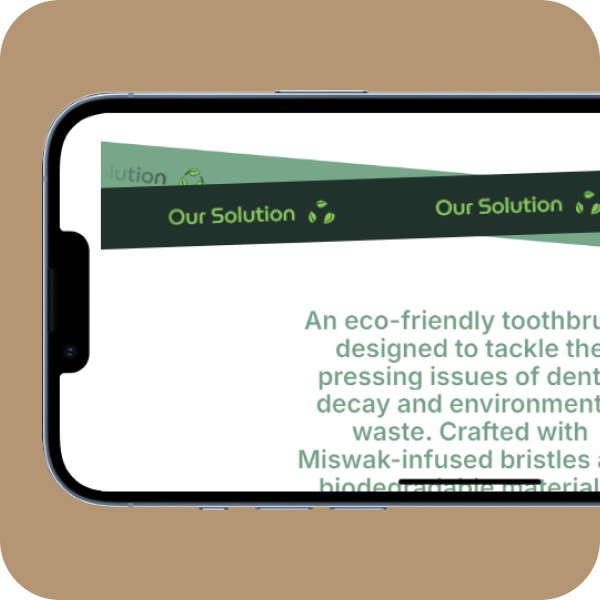 Mobile website design by The Editor suite highlighting the "Our Solution" section. The text describes an eco-friendly toothbrush made with Miswak-infused bristles and biodegradable materials, designed to tackle both dental decay and environmental waste. This image showcases the clear and concise messaging created for the Remobrush mobile site.