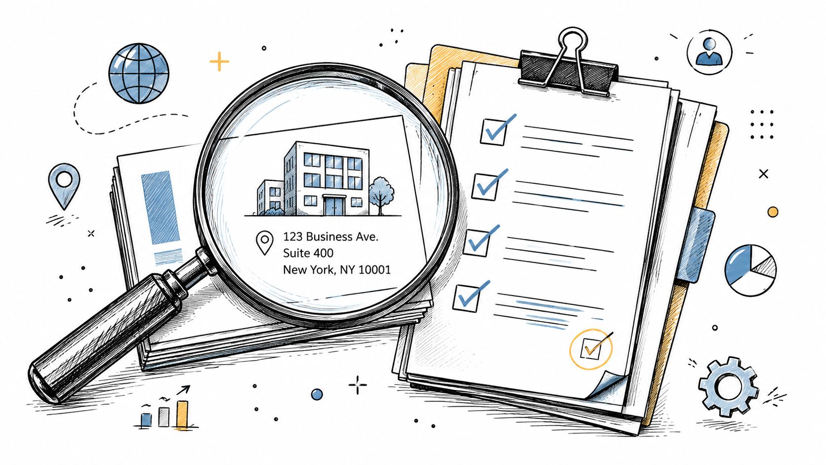 A magnifying glass focusing on a business building and address icon, alongside a checklist on a clipboard.