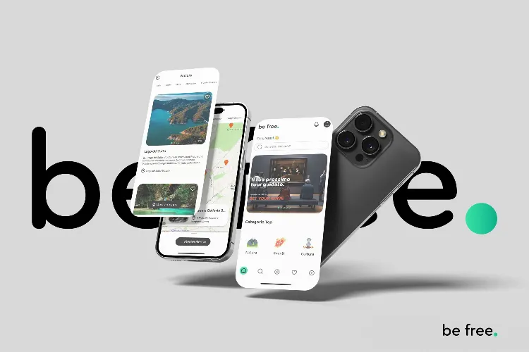 Three smartphones placed at different angles, with the word "be." prominently displayed in the background.