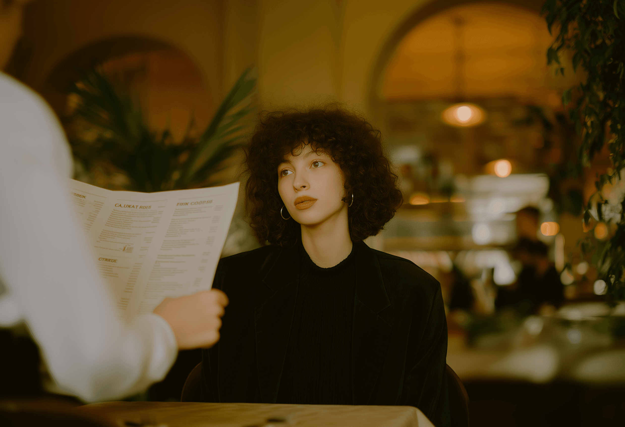 A woman with curly hair sits at a table, looking at a menu.
