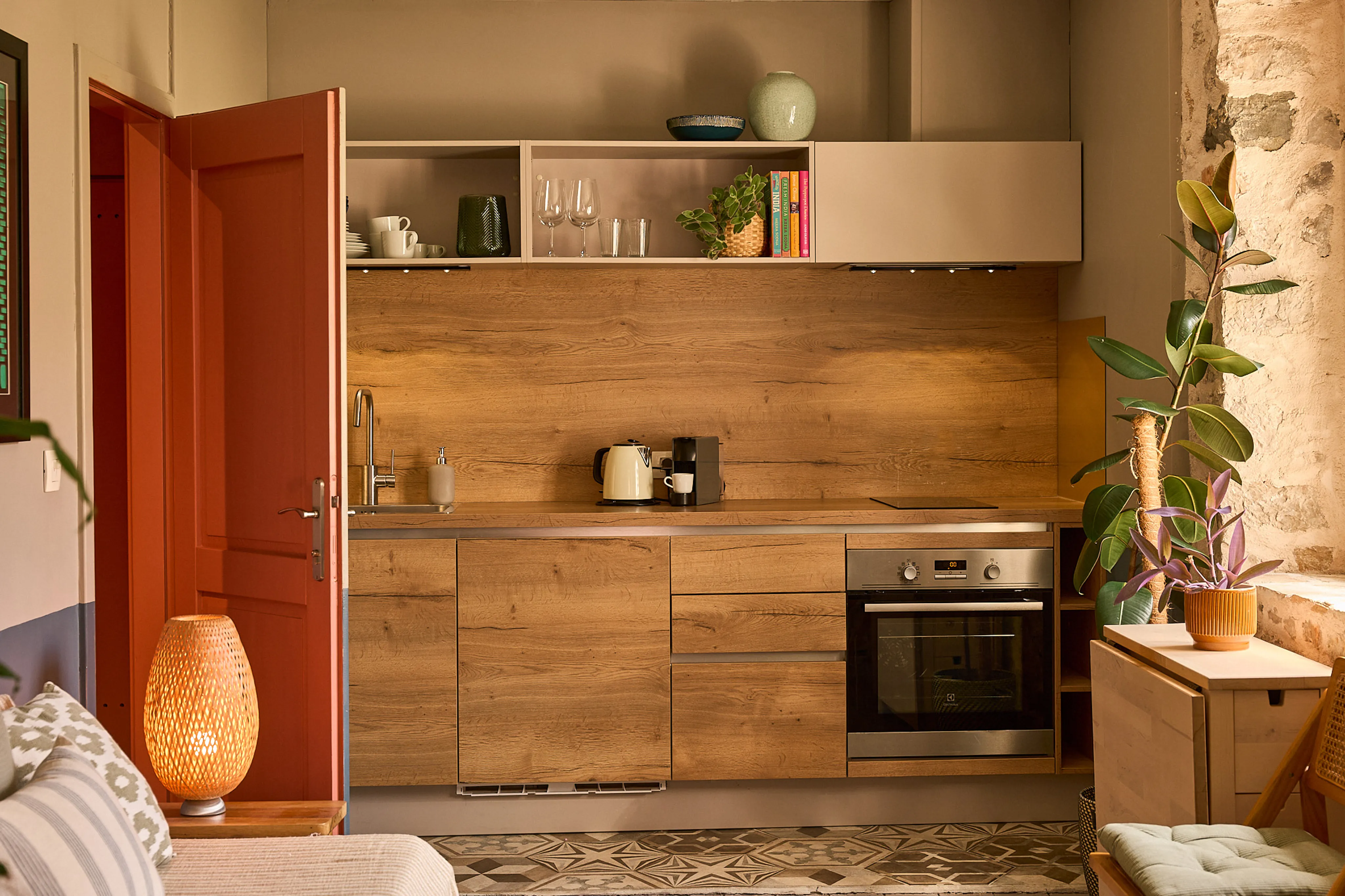 Fully equipped kitchen with wood cabinets in the Silvija Suite, Hidden House, Stari Grad Hvar