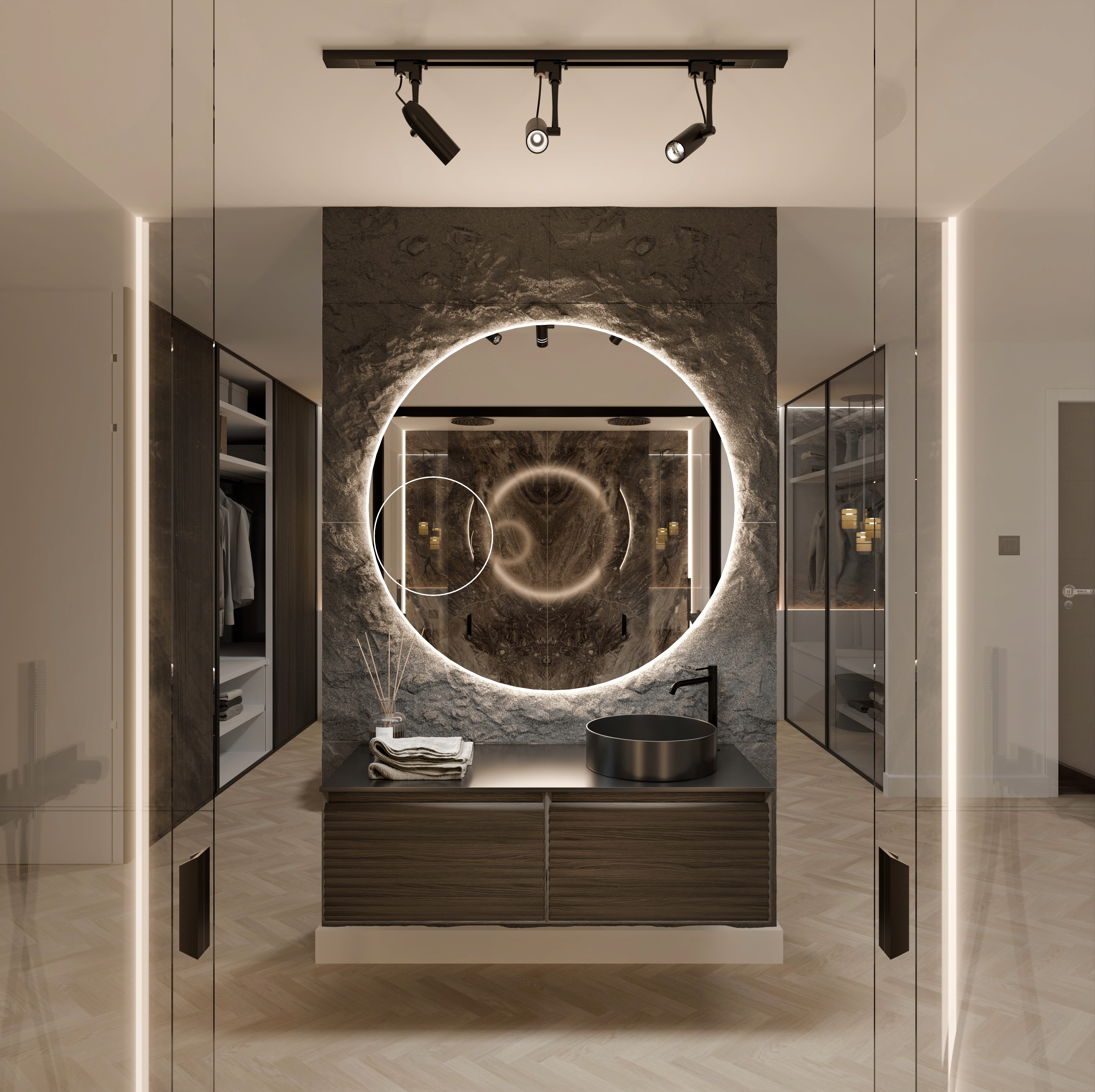 backlit glass on a grey textured wall with a hazelnut cabinet interior design