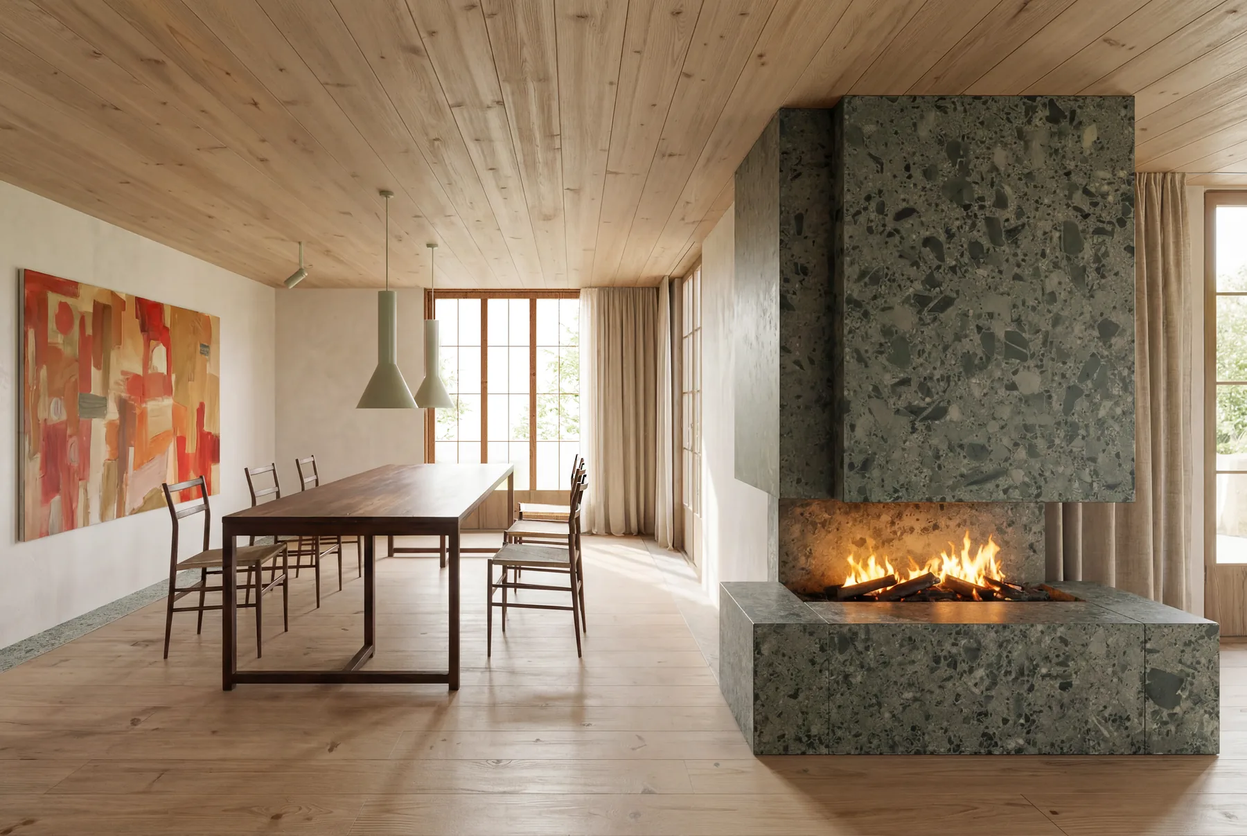 Open-plan living area with fireplace and alpine views — Gstaad interior visualization