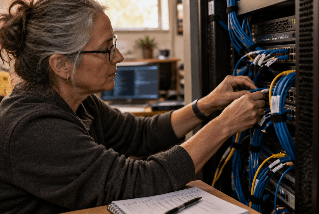 Systems engineer plugging cables into a server rack in a tidy office