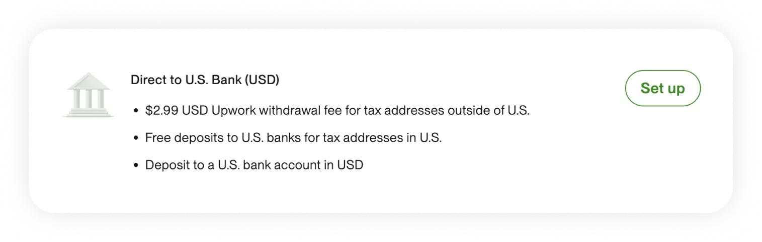 The Direct to U.S. Bank (USD) withdrawal option on Upwork