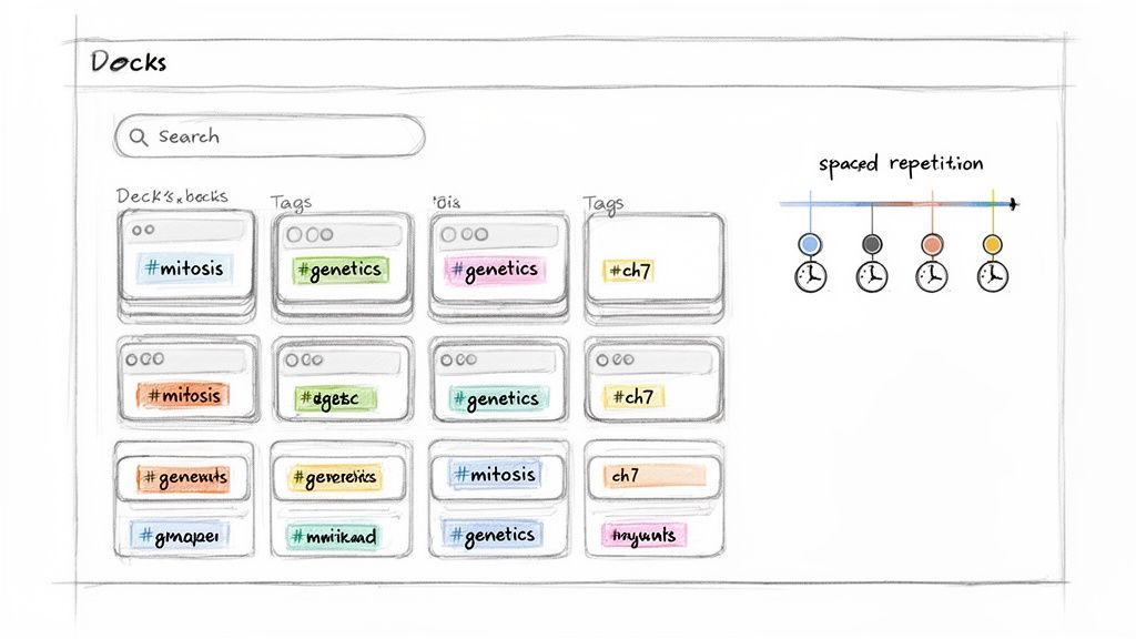 A digital interface for study decks, showing flashcards with tags like #mitosis and #genetics, and a spaced repetition timeline.